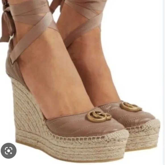 Gucci Marmont Leather GG Platform Espadrille Wedges - Picture 1 of 15